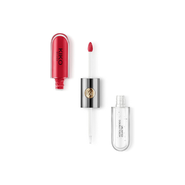 Batom líquido de longa duração e gloss incolor KIKO MILANO Unlimited Double Touch na cor 109 Strawberry Red, apresentado em embalagem de luxo com aplicador em destaque.